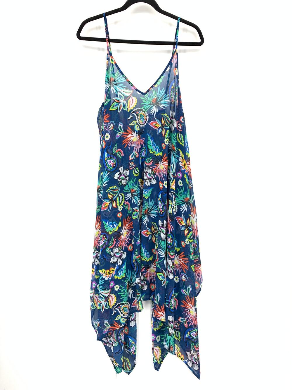 Into The Bleu Swim Coverup Womens Sz L Blue Floral Print Handkerchief HemNEW